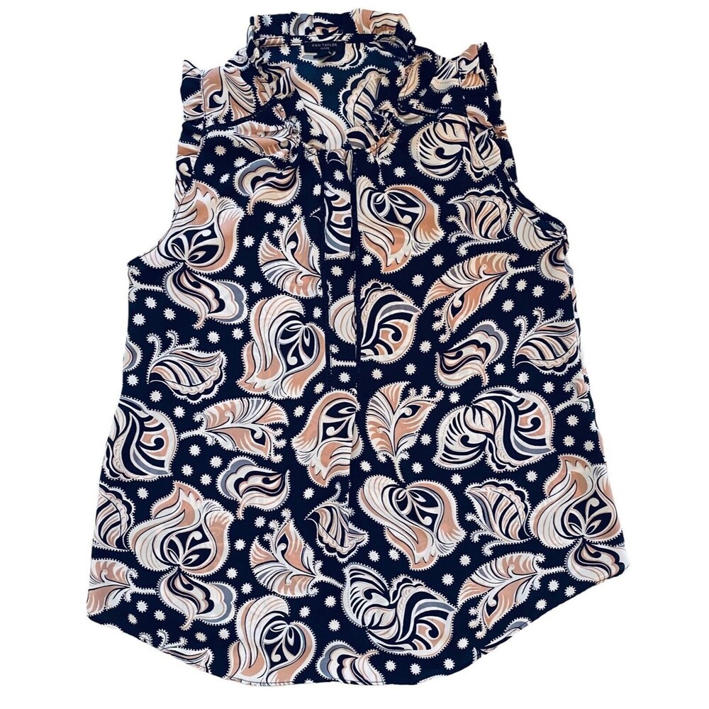 Ann Taylor Petite Blouse SP Navy Paisley Sleeveless Keyhole Semi Sheer
